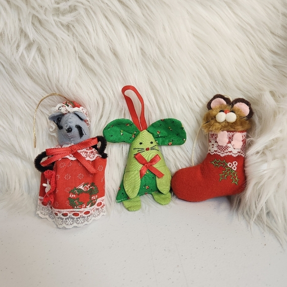 Vintage Other - Vintage Fabric Christmas Tree Ornament Lot Mouse Cat Mice Kitsch 1980s Farmhouse